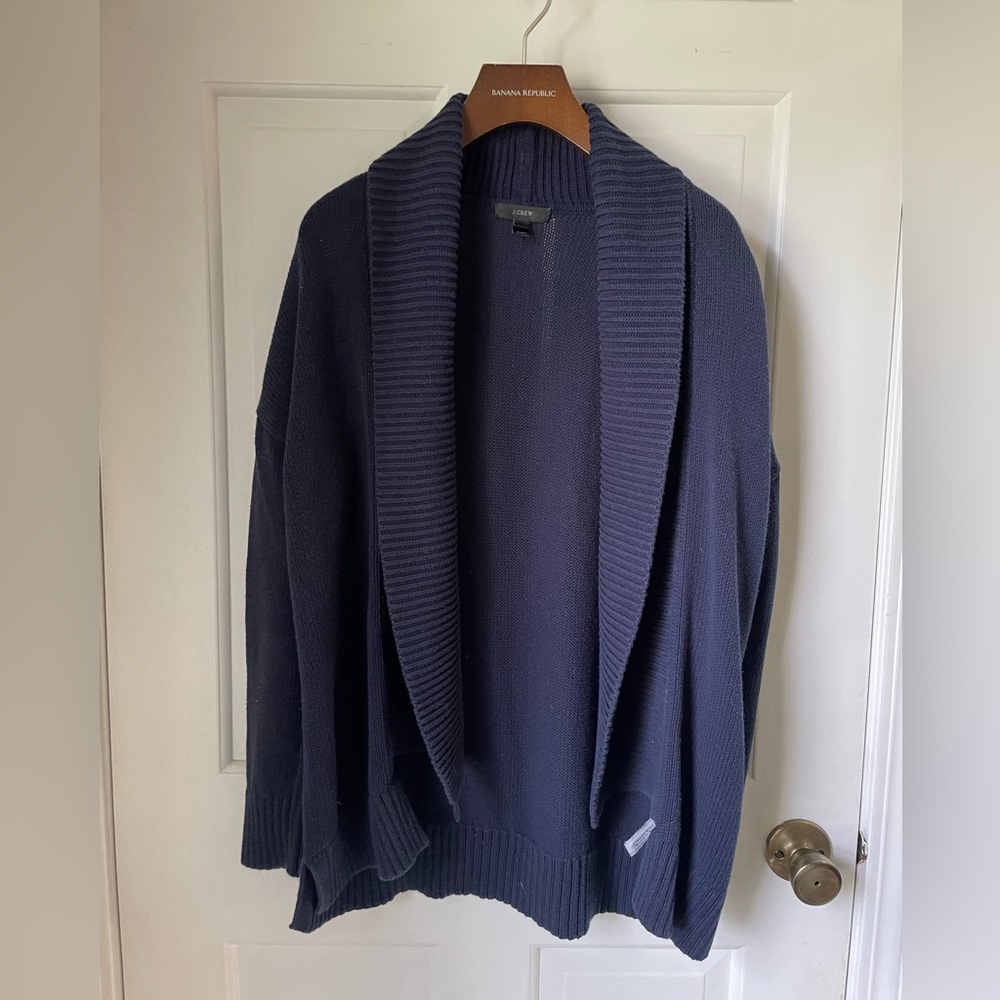 J Crew Sweater Womens XS Open Front Long Cardigan Duster Navy Blue
